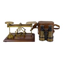 A pair of early 20th century postal scales by Avery - brass on a mahogany rectangular base with a