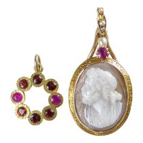A 9ct gold cameo pendant - set with ruby and seed pearls, weight 3.3g, together with an annular