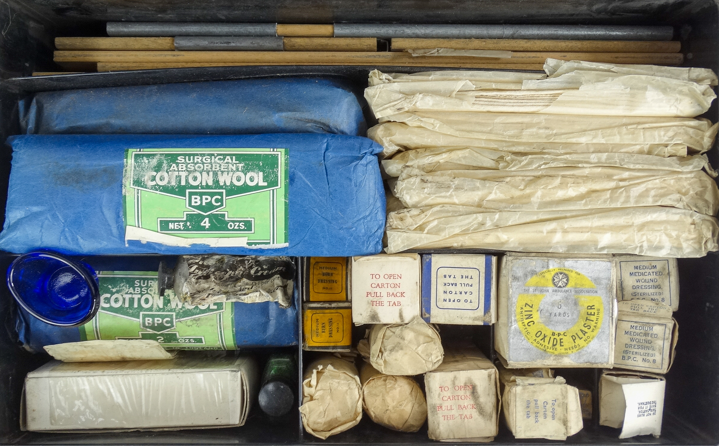 A St John Ambulance First Aid box - the black steel trunk with contents, including splints and - Image 4 of 6