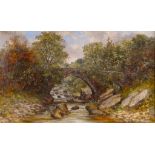19th Century British School Woman Crossing a Stone Bridge Oil on canvas Signed with initials and