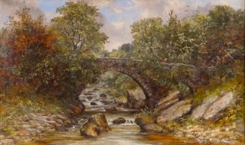 19th Century British School Woman Crossing a Stone Bridge Oil on canvas Signed with initials and