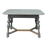 A 19th century oak continental table - later grey painted, the rectangular top with cusped corners