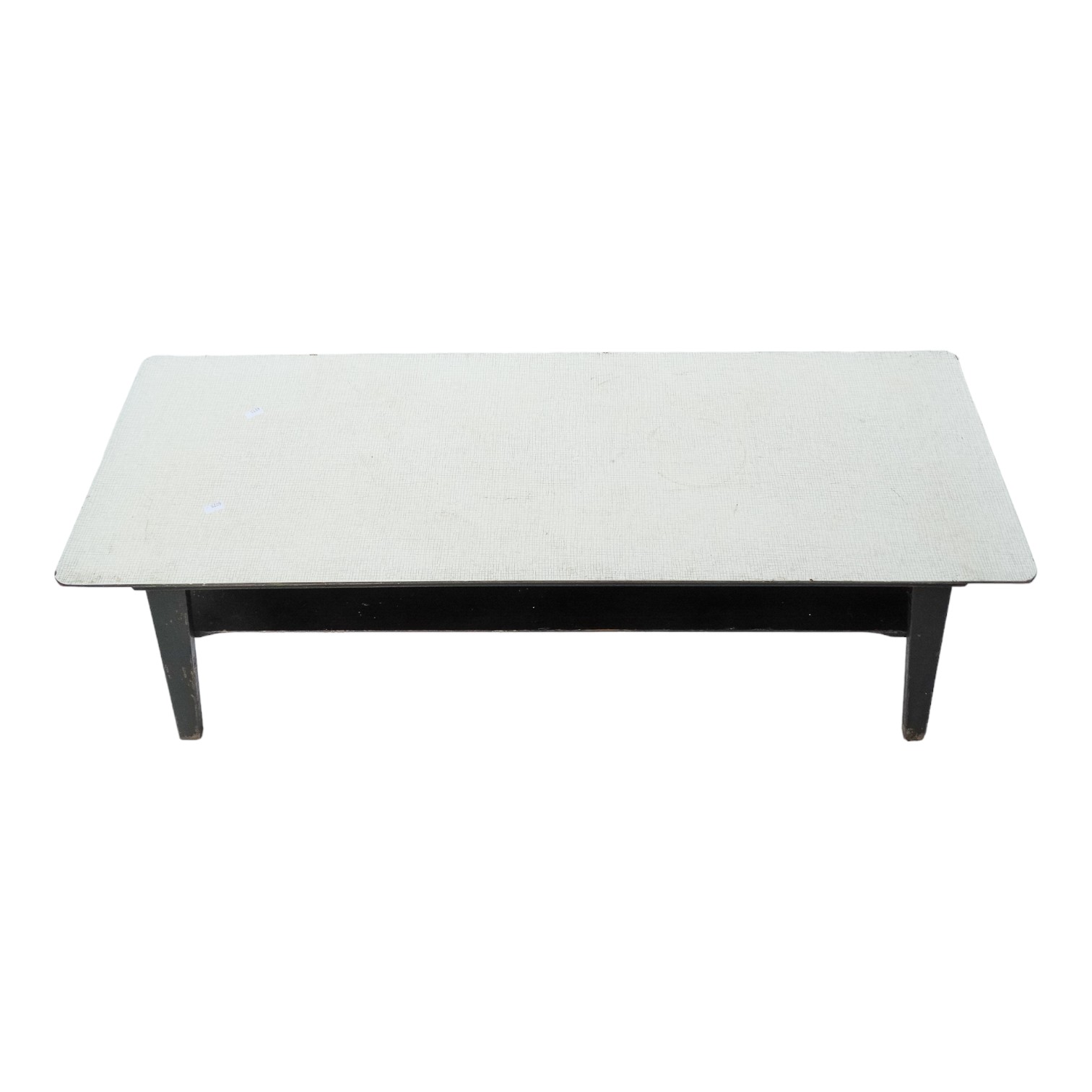 A vintage Formica coffee table - the grey top above a black painted frame and undertier, 102 x 38