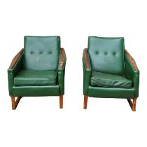 A pair of vintage easy chairs - circa 1960's, green rexine button upholstered with teak show-wood