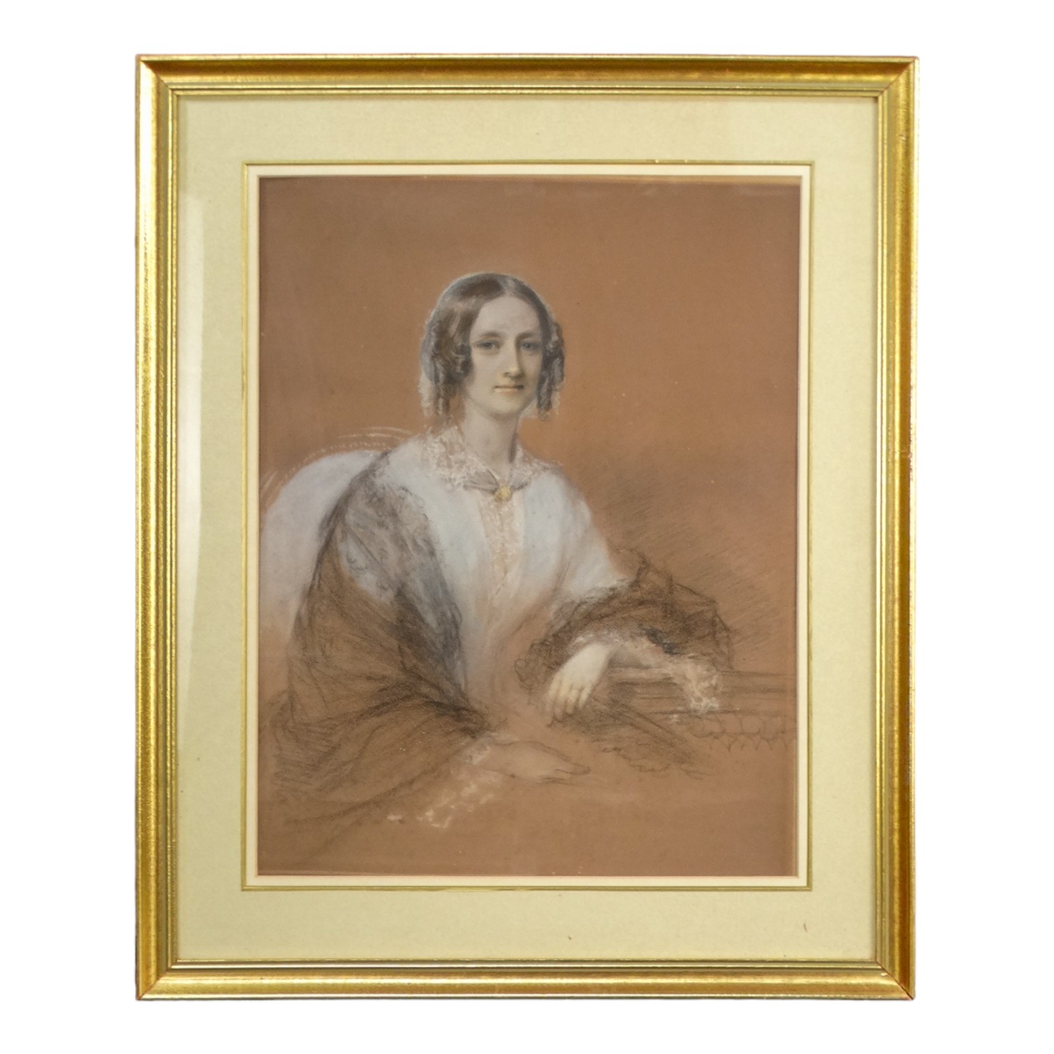 19th Century British School Portrait Of An Elegant Woman Pastel on brown paper Framed and glazed - Image 2 of 3