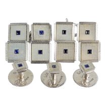 A gentleman's 9ct white gold dress shirt set - in the Art Deco style, set with sapphires, weight