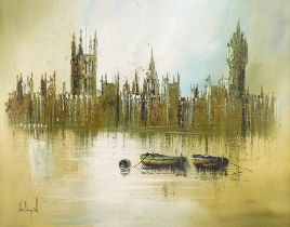 John BAMPFIELD (British b. 1947) The Palace of Westminster from the Thames Oil on canvas Signed