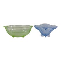 An Art Deco green glass bowl - with twin lug handles, width 26cm, together with a blue glass