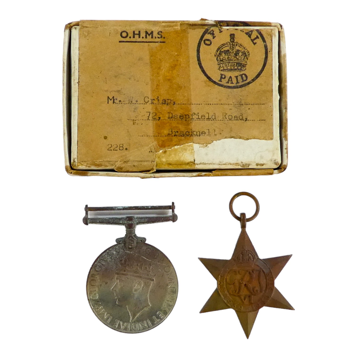 A pair of WWII medals - with original postage box.