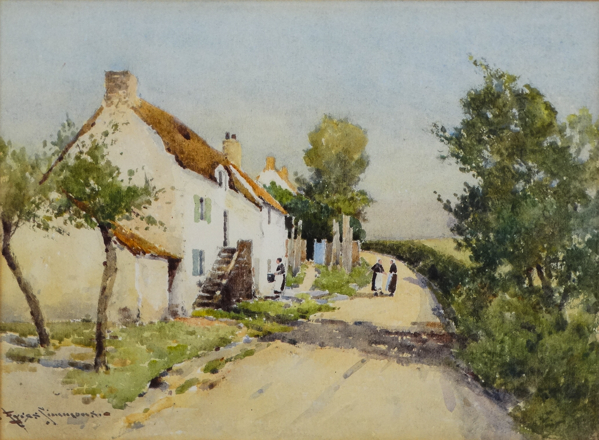 Charles Eyres SIMMONS (British 1872-1955) Figures On A Country Road Ruan Minor Watercolour Signed
