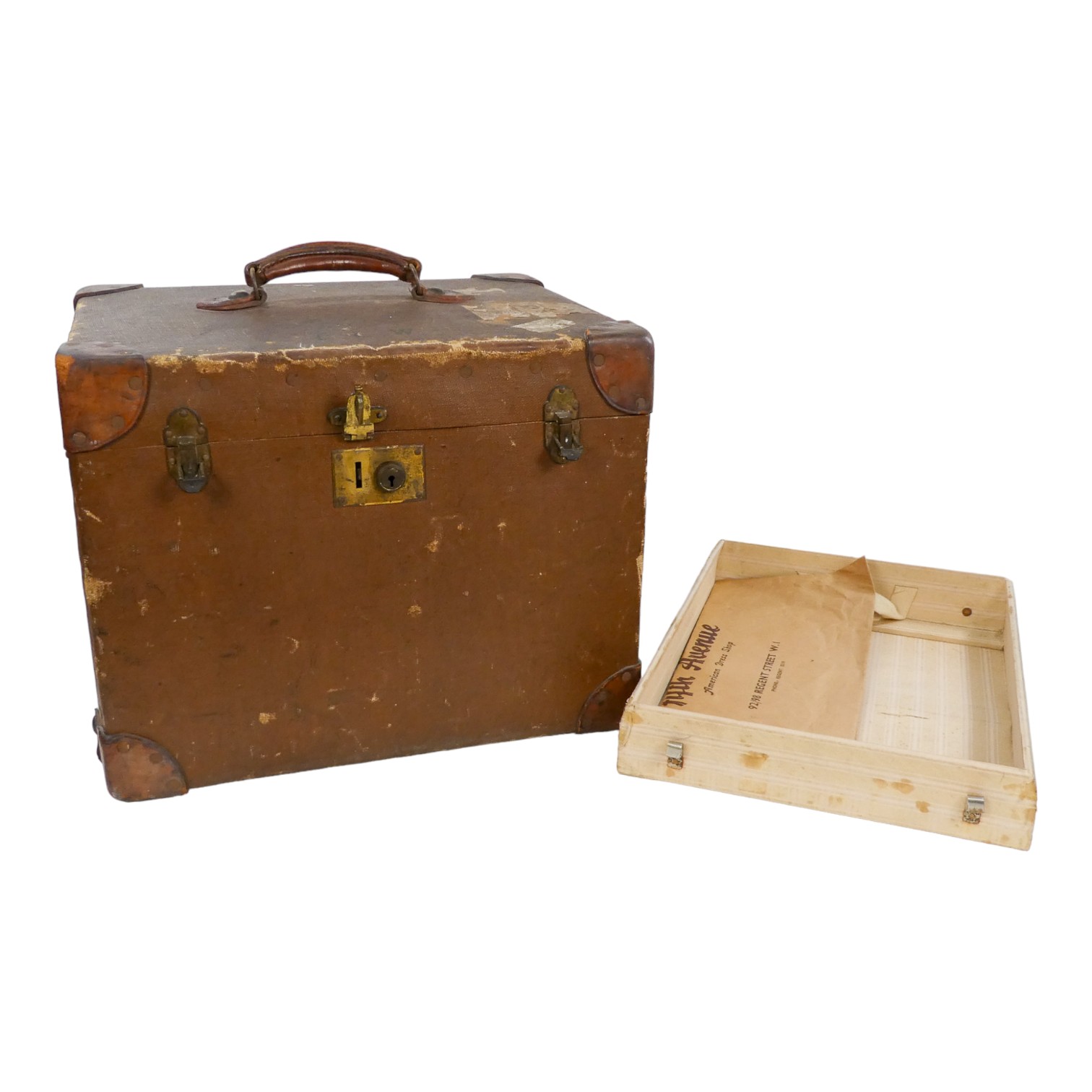 A vintage ladies travelling trunk - brown canvas with leather corners and handle, the cloth interior - Image 5 of 13