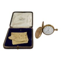 A gold plated hunter pocket watch - E Polland of Belfast, the white enamel dial set out with