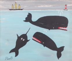 Steve CAMPS (Cornish contemporary b.1957) Two Whales And Jake The Mystified Narwhal Acrylic on board