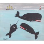 Steve CAMPS (Cornish contemporary b.1957) Two Whales And Jake The Mystified Narwhal Acrylic on board