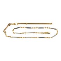 A 9ct gold swizzle stick - engine turned, on a gilt metal chain with 18ct gold clasps, weight 18g.