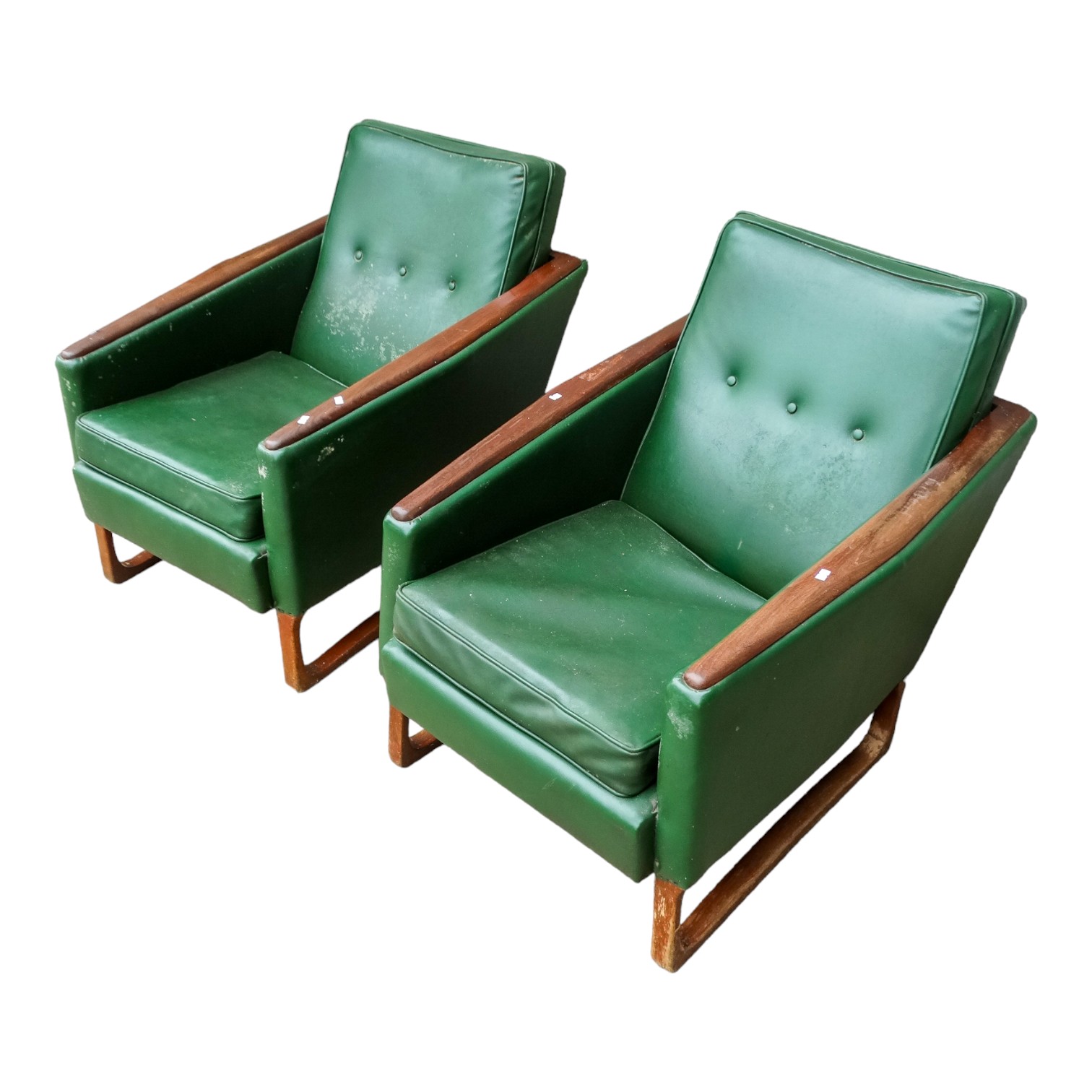 A pair of vintage easy chairs - circa 1960's, green rexine button upholstered with teak show-wood - Image 3 of 5