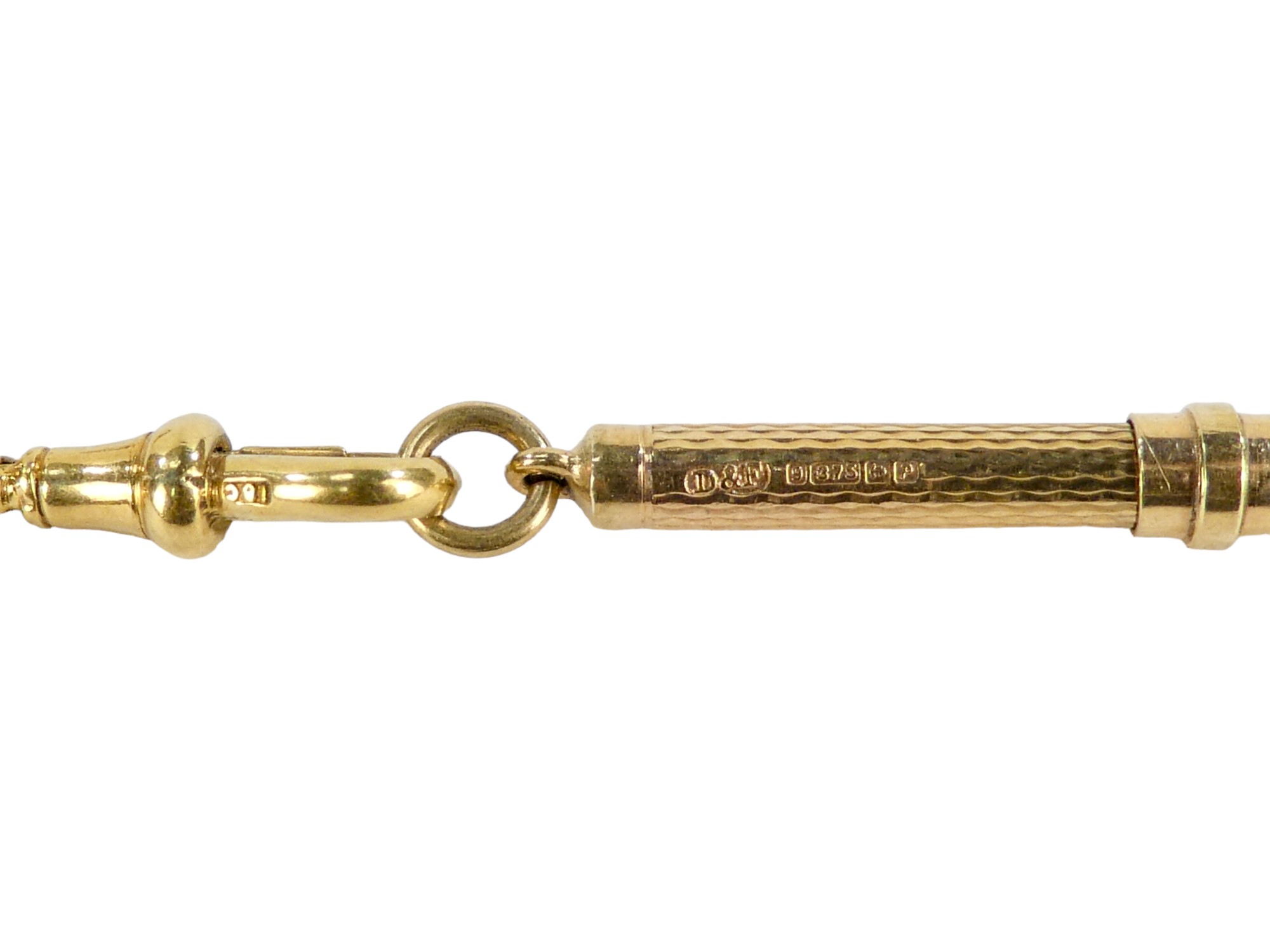 A 9ct gold swizzle stick - engine turned, on a gilt metal chain with 18ct gold clasps, weight 18g. - Image 3 of 5