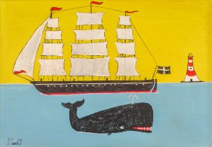 Steve CAMPS (Cornish contemporary b.1957) Whale With Schooner Under A Yellow Sky Acrylic on board