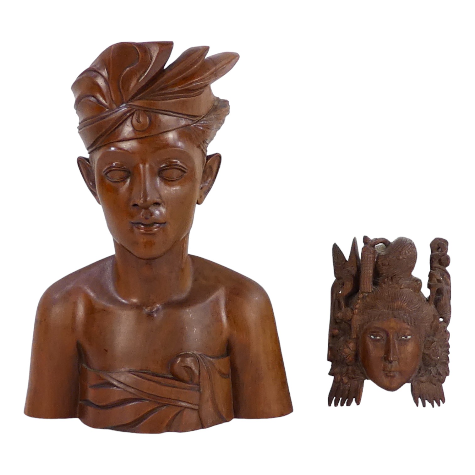 A Balinese 20th century carved hardwood figure - signed to base, height 34cm, together with a