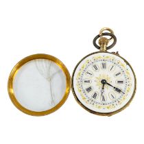 A 14ct gold ladies open face fob watch - engraved with foliage, the white enamel dial set out in