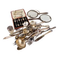 A boxed set of silver tea spoons - together with a silver backed mirror, silver topped glass pot,