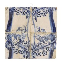 A group of four 18th century Delft tiles - combined to form a single image of two cherubs with a