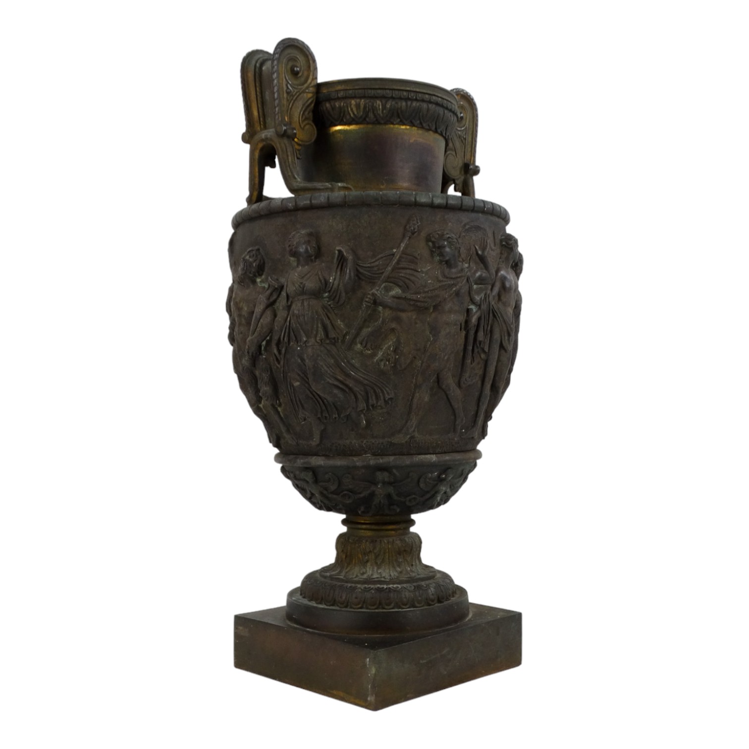 A late 19th century neoclassical bronze vase - with a pair of twin handles, decorated with a band of - Image 3 of 9
