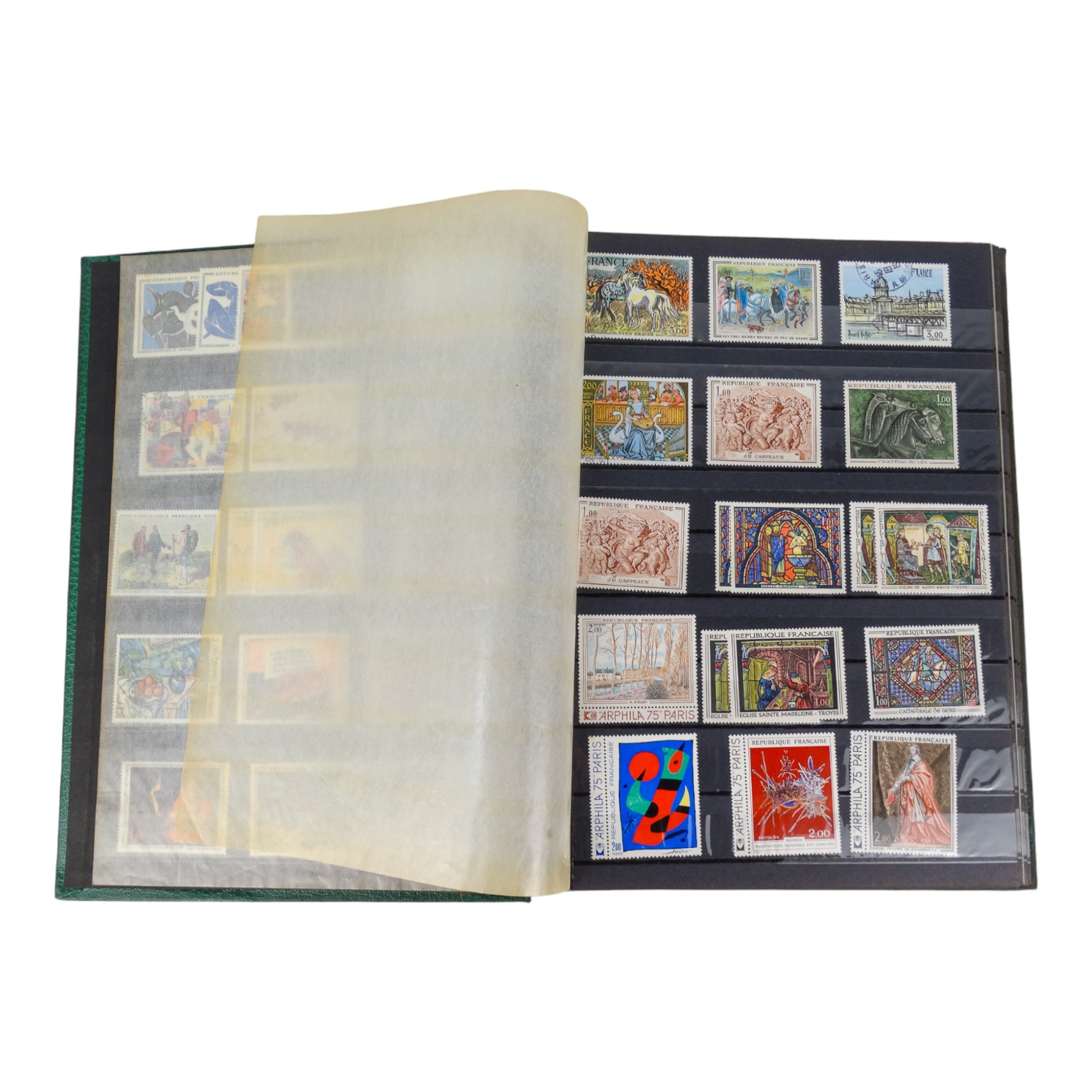 ART STAMPS OF FRANCE, ISREAL, JAPAN - INCLUDES MANY MINT - A green stock book full of art stamps