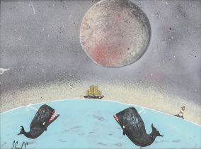 Steve CAMPS (Cornish contemporary b. 1957) Whales Moon Gazing Acrylic on board Signed lower left,