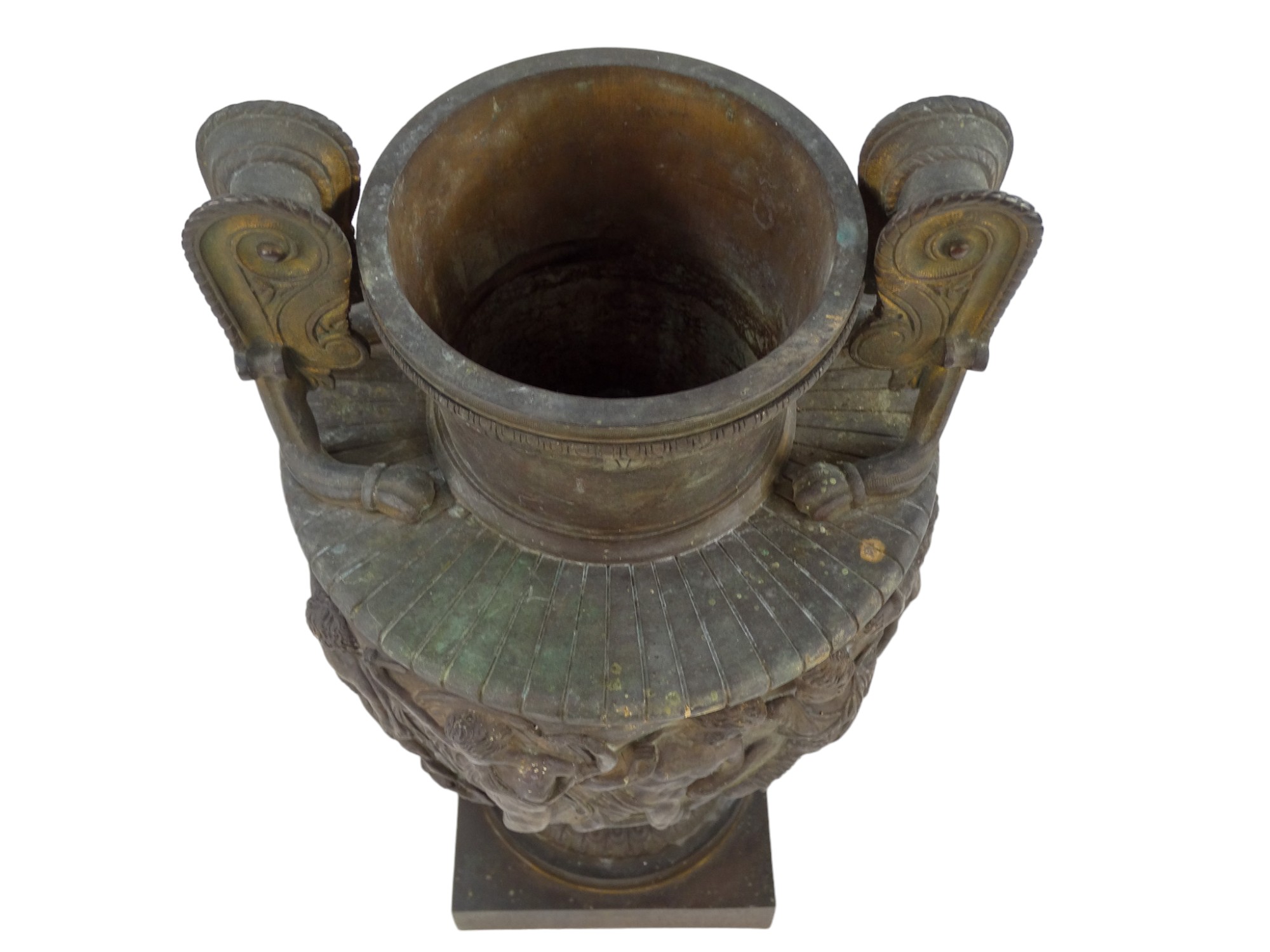 A late 19th century neoclassical bronze vase - with a pair of twin handles, decorated with a band of - Image 9 of 9