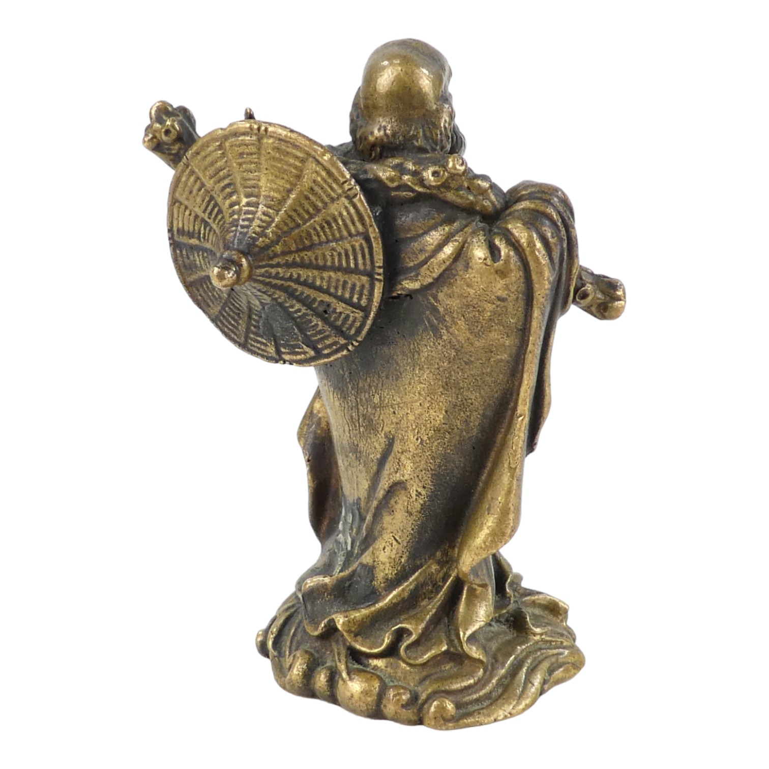 A late 19th century cast brass oriental figure - the figure with a gnarled stick and holding a shoe, - Image 2 of 2