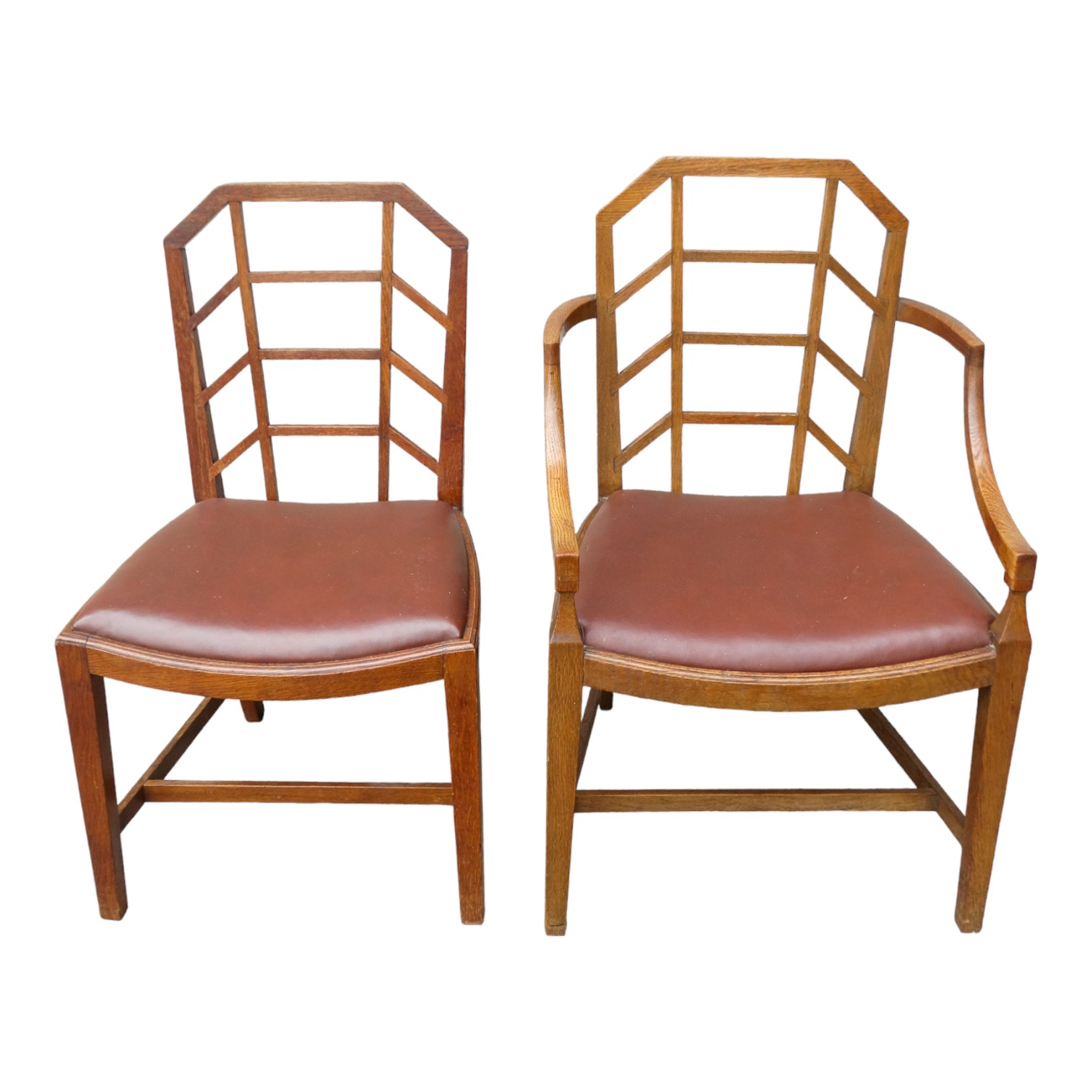 A set of early 20th century oak dining chairs - in the Arts & Crafts manner, after Heals, two with - Image 3 of 6