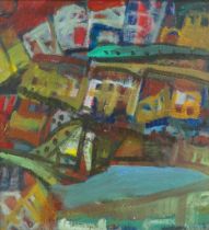 C. JENKINS Abstract Town Scape Oil on board Inscribed verso Framed Picture size 57 x 53cm Overall