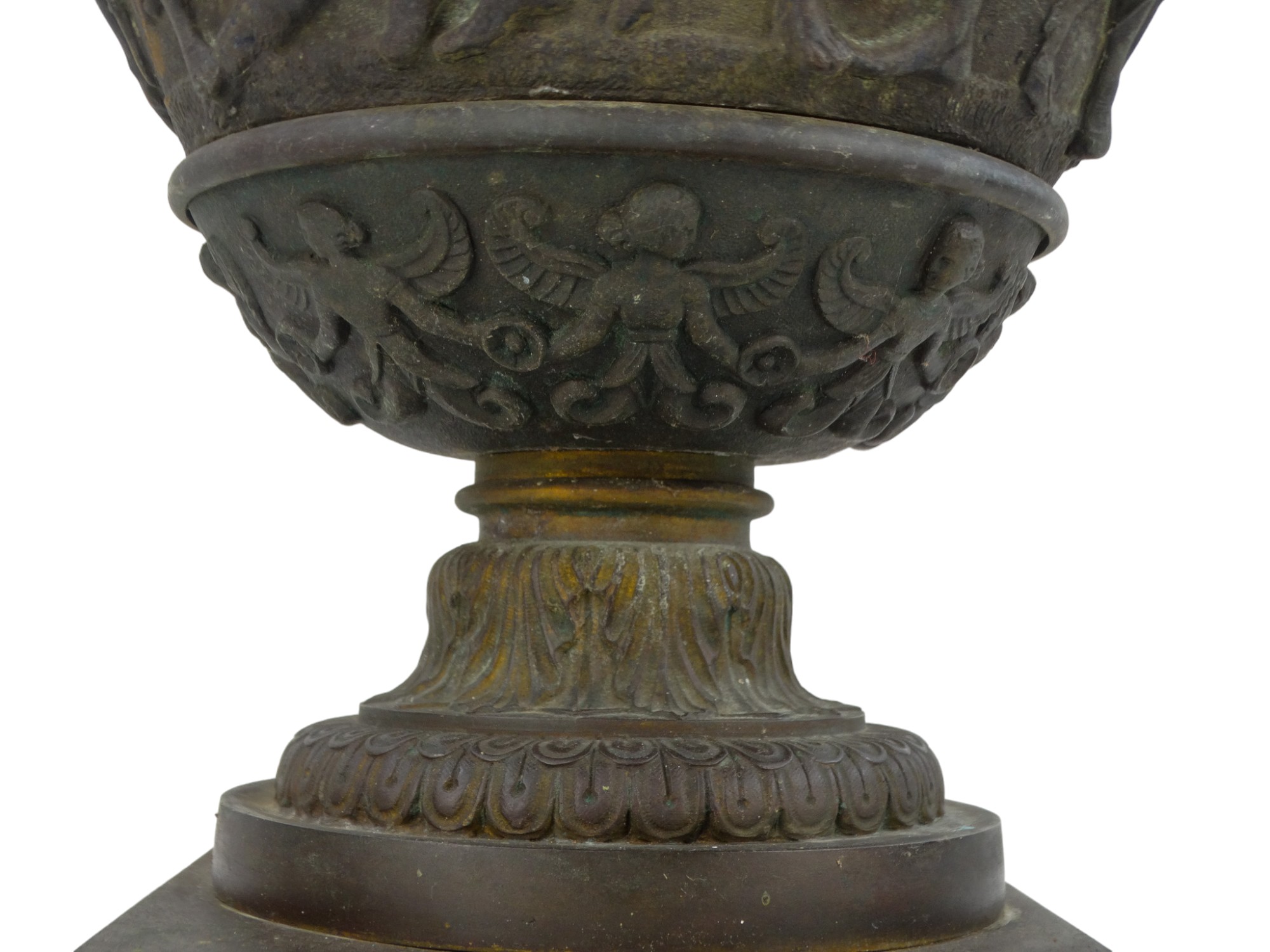 A late 19th century neoclassical bronze vase - with a pair of twin handles, decorated with a band of - Image 7 of 9