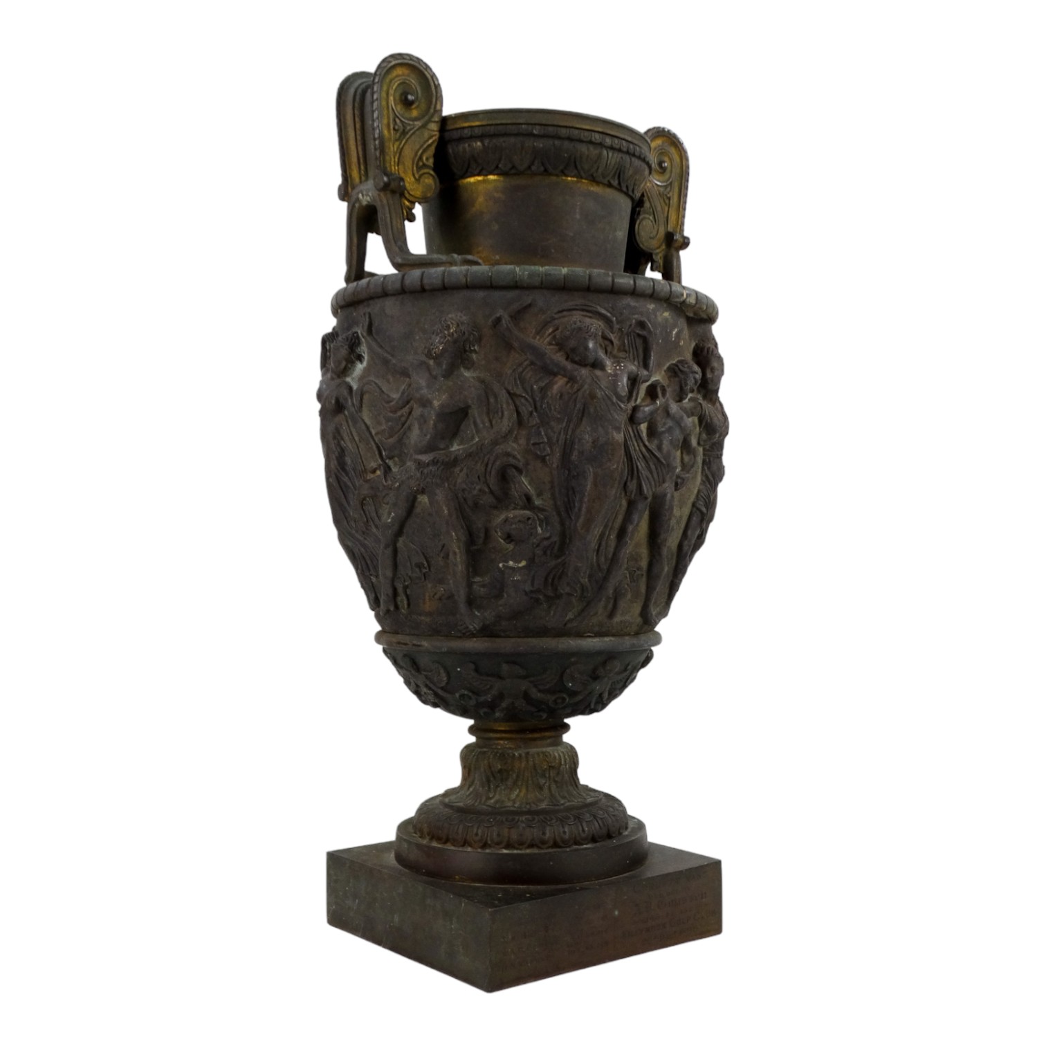 A late 19th century neoclassical bronze vase - with a pair of twin handles, decorated with a band of - Image 5 of 9