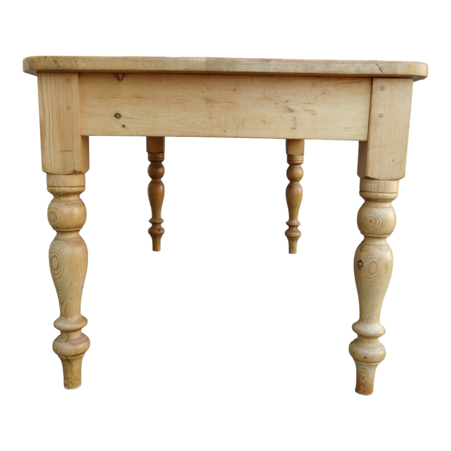 A 20th century pine kitchen table - with a rectangular plank top and raised on turned legs, 182 x 90 - Image 3 of 6