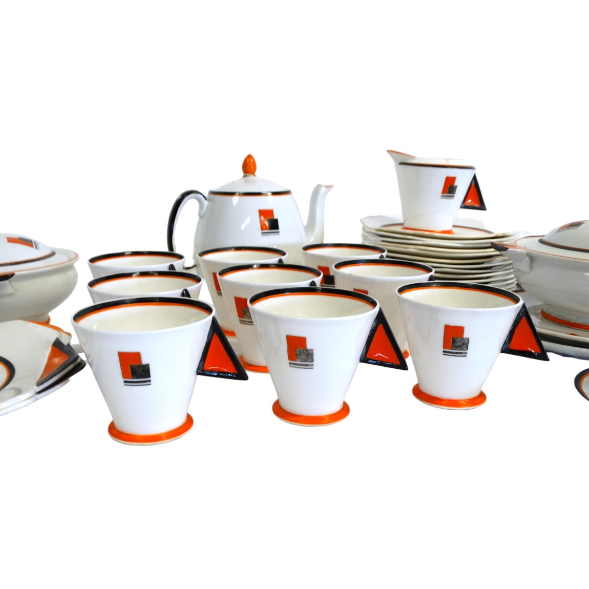 An extensive Shelley Art Deco dinner and tea service - decorated in orange and black on a white - Image 2 of 6