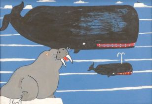 Steve CAMPS (Cornish contemporary b. 1957) The Whales And The Walrus Acrylic on board Signed lower