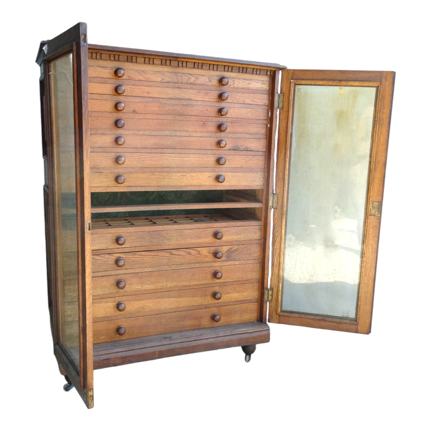 An oak collector's cabinet - with a pair of glazed panel doors enclosing an arrangement of - Image 2 of 5