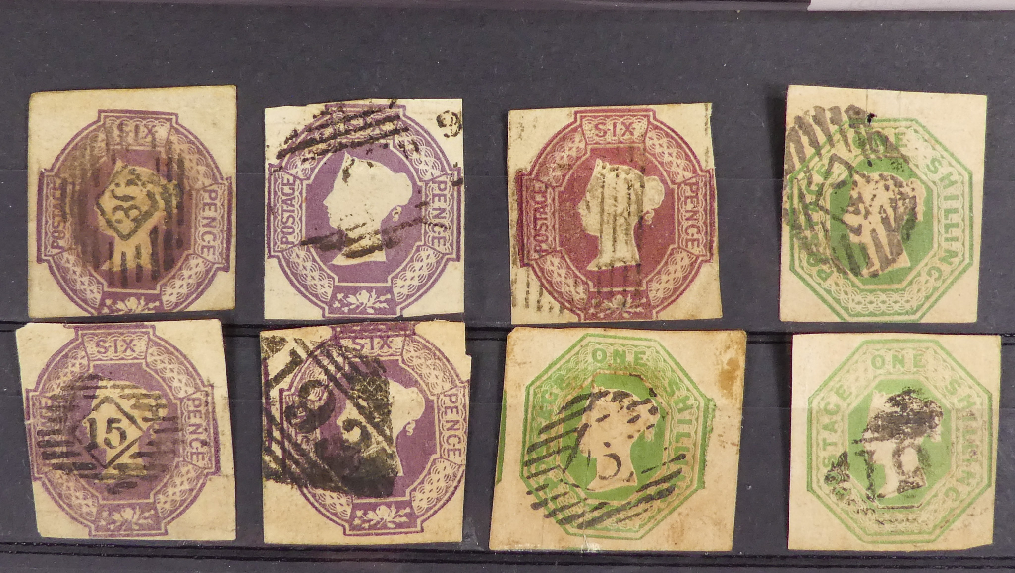 GB EMBOSED ISSUE 1847-54 - A selection of 6d mauve x 5 and 1/- green x 3 - some with faults. Very