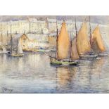 # Charles Napier HEMY (1841-1917) Sails On The Waterfront, Falmouth Harbour Watercolour Signed lower