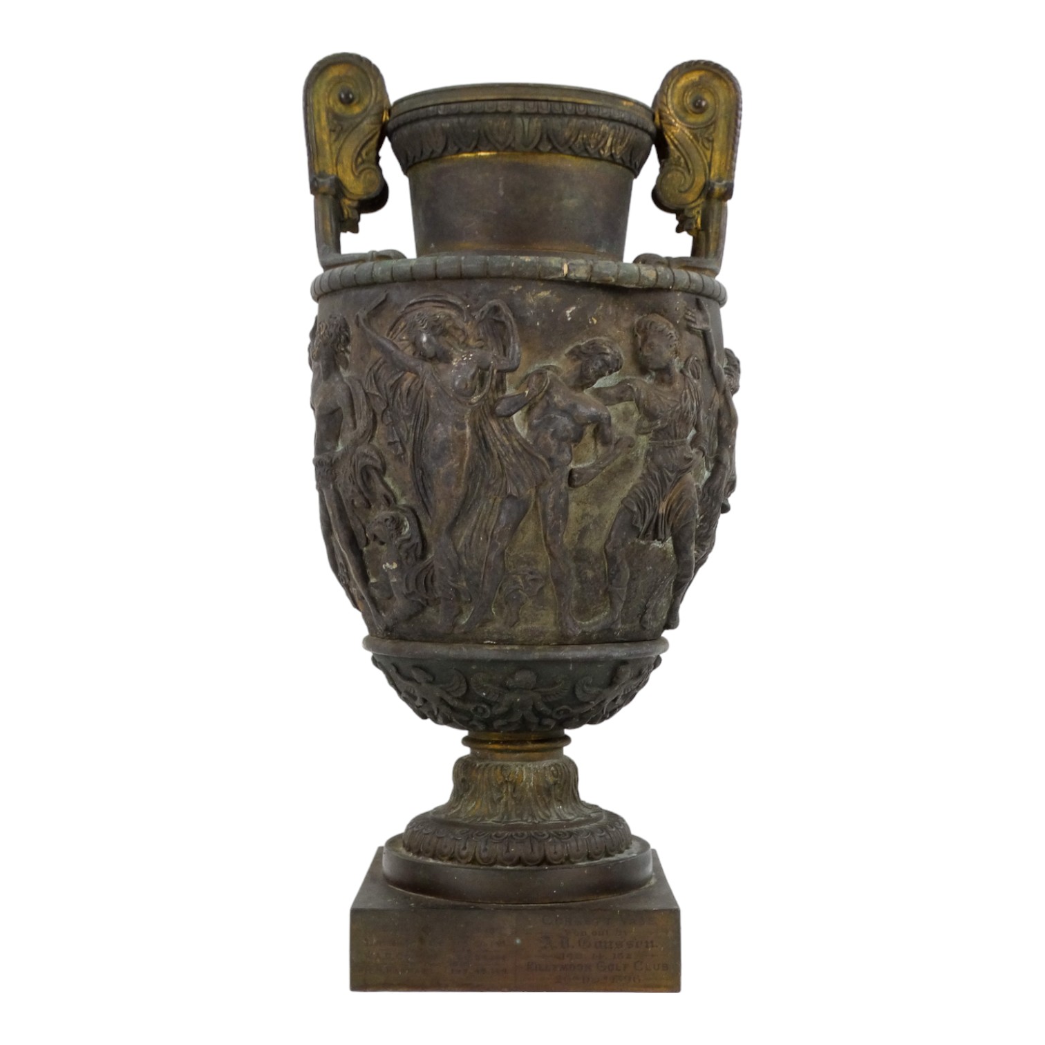 A late 19th century neoclassical bronze vase - with a pair of twin handles, decorated with a band of