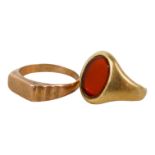A 9ct gold signet ring - with vacant hardstone plaque, together with another yellow metal ring, 7.