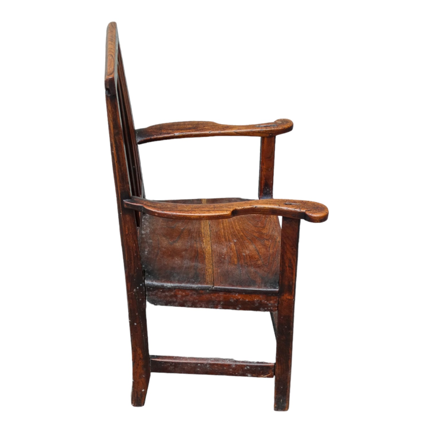 A late 18th century elm child's chair - the stick back above open arms and solid seat on square legs - Image 4 of 5