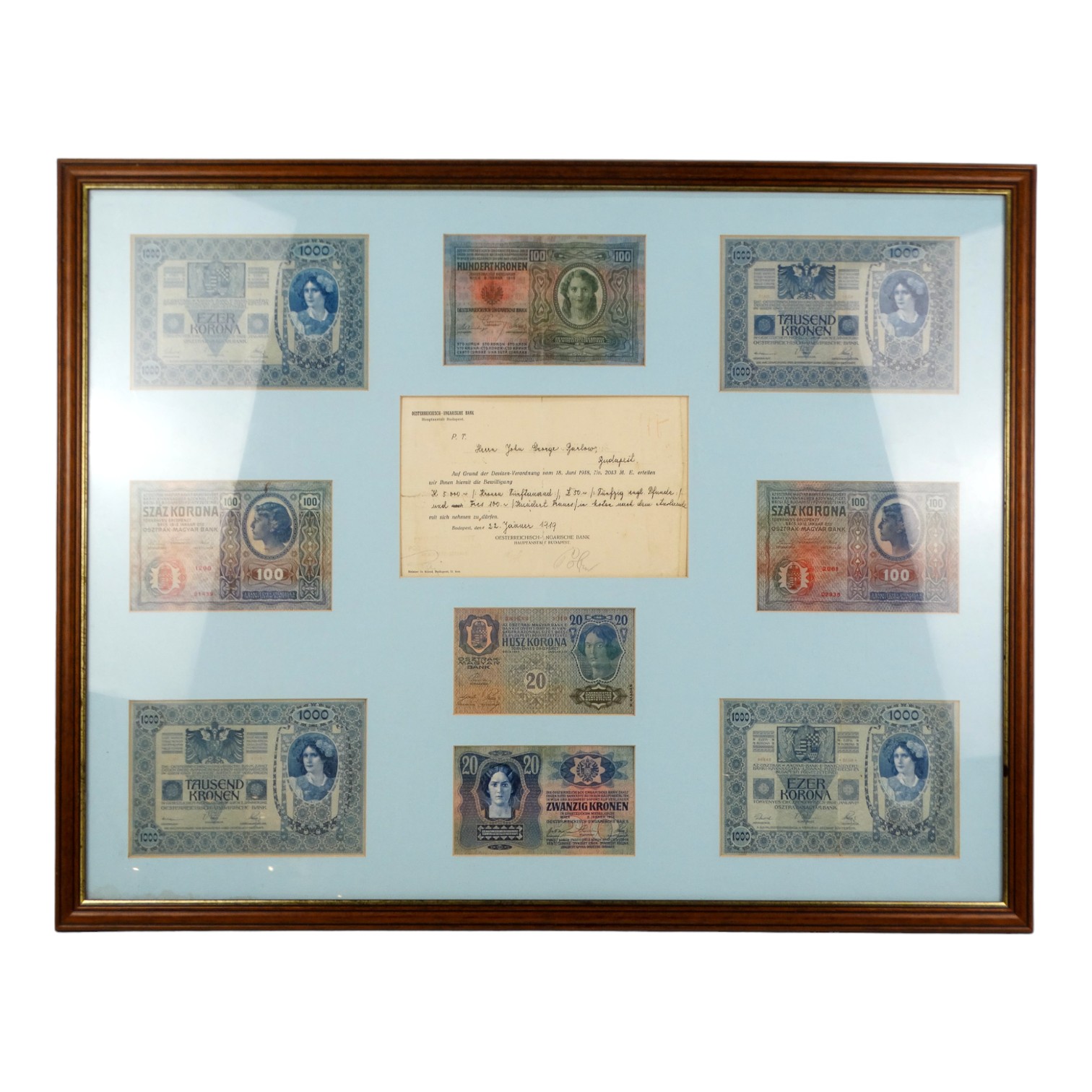 A framed group of Hungarian bank notes - the nine various notes framed with a signed certificate,