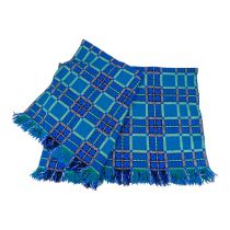 A royal blue, white and green Welsh wool blanket - in a geometric reversible design