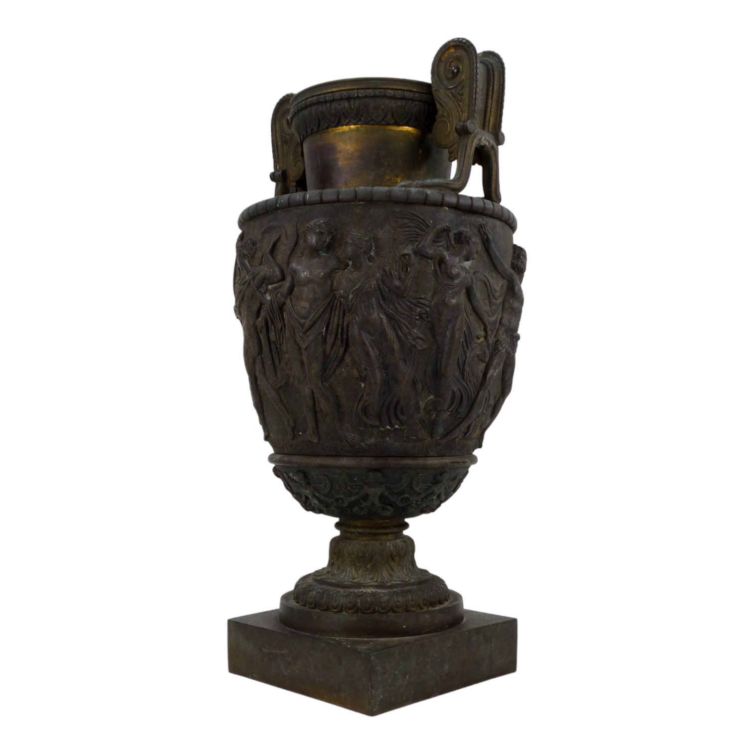 A late 19th century neoclassical bronze vase - with a pair of twin handles, decorated with a band of - Image 4 of 9