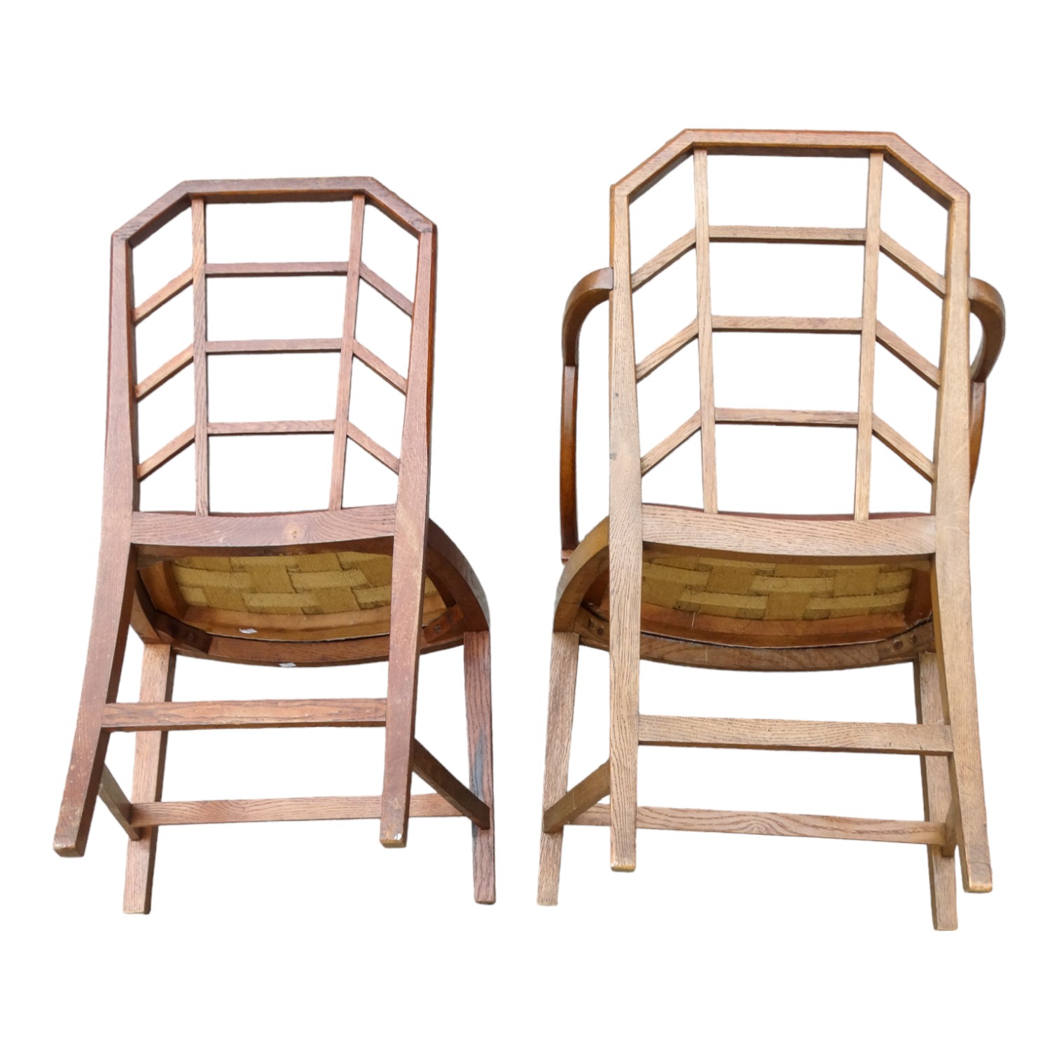 A set of early 20th century oak dining chairs - in the Arts & Crafts manner, after Heals, two with - Image 6 of 6