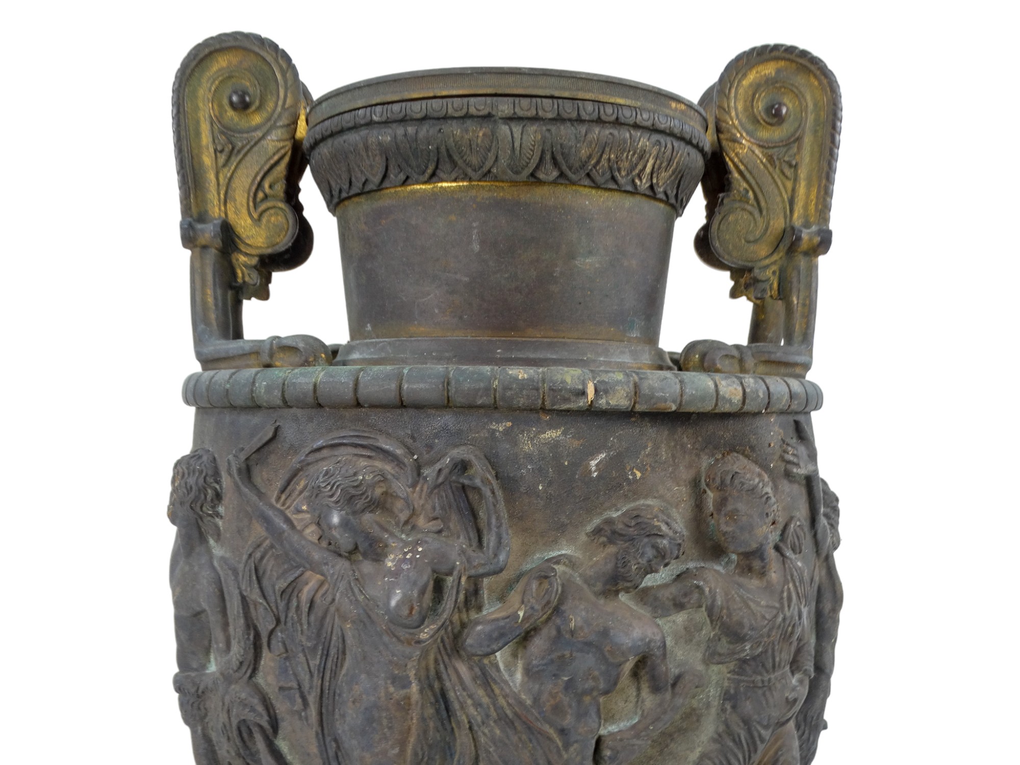 A late 19th century neoclassical bronze vase - with a pair of twin handles, decorated with a band of - Image 8 of 9