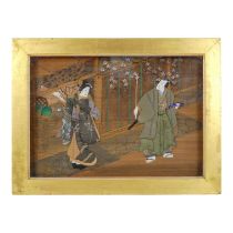 An early 20th Japanese diorama - showing two figures in an interior, 33cm x 44cm